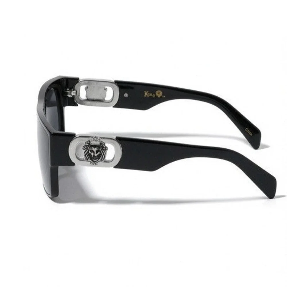 Mens Black Rectangular Sunglasses Silver Lion Head Medallion Flat Top Shades NEW